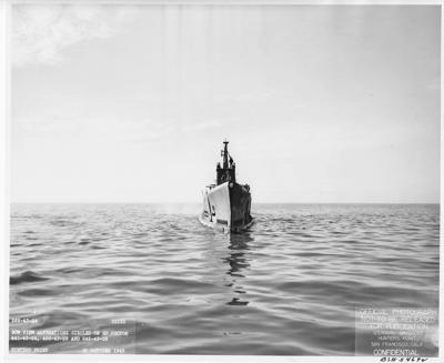 A black-and-white photo of the USS Herring's frontal view. The Herring was sunk by the Japanese military after an engagement in 1944.
