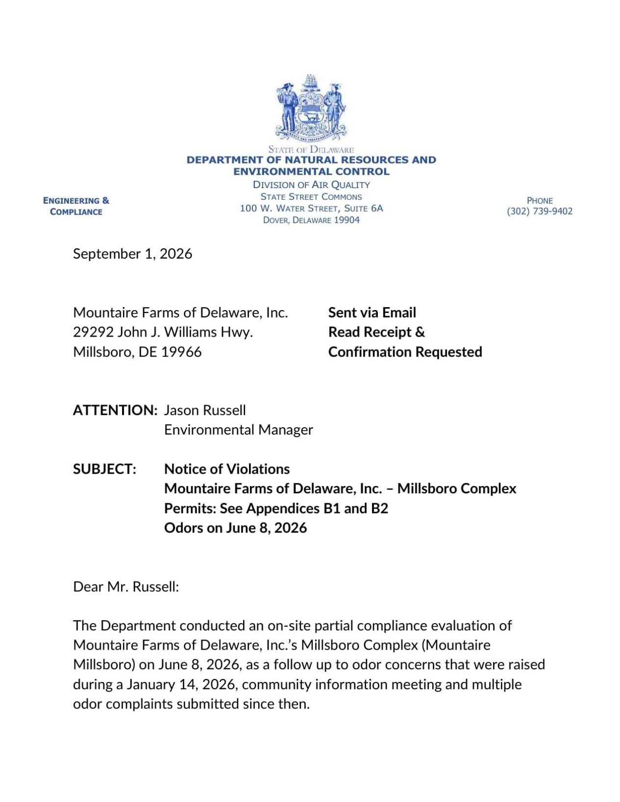 DNREC Notice of Violation Mountaire Farms