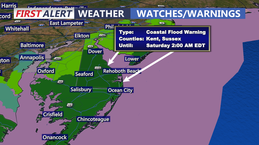 Graphic shows coastal flood warnings for Delmarva. 