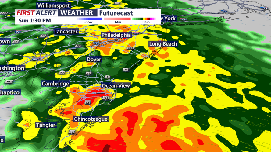 Image shows heavy rain pushing through Sunday.