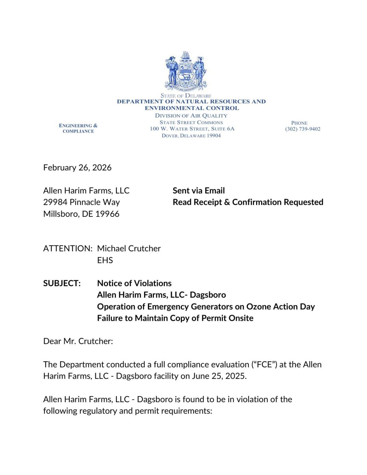 DNREC issues air quality violation