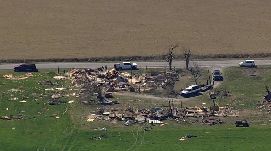 Some helicopter shots over Greenwood and Bridgeville earlier today show a clear path from the tornado demolishing some buildings without touching others nearby.
