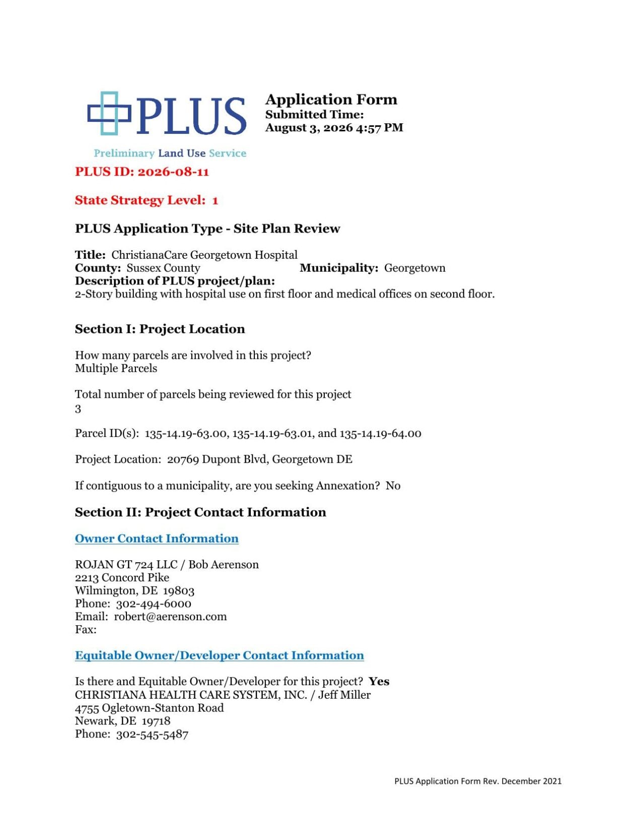 Plus application Christiana Care Georgetown
