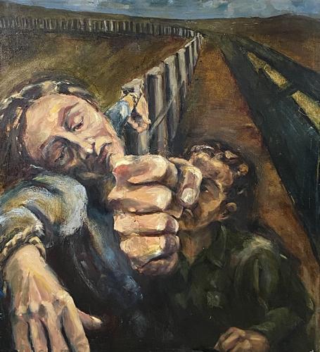 A painting of two men. One is hanging on a fence. The other is punching the man on the fence from the ground.