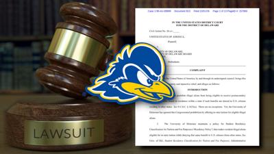 A lawsuit gavel with the first page of the lawsuit and the University of Delaware logo in the middle.