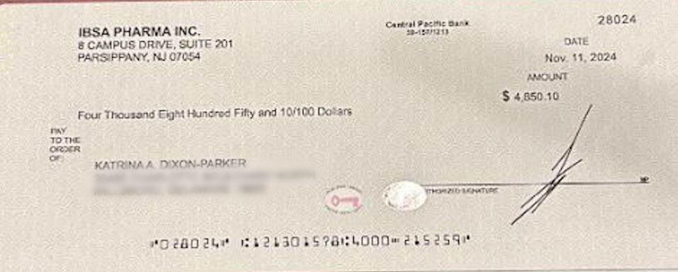 A fake check sent to a Millsboro woman by scammers posing as ISBA Pharma