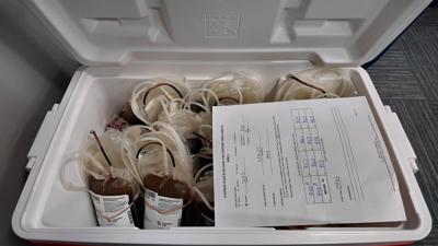 Whole blood in a cooler donated at the second annual Sussex County EMS Blood Drive
