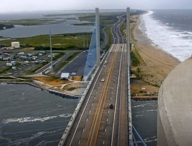 An aerial shot of the Indian River Inlet bridge.