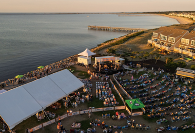 an ariel view of the lewes waterfront, a crowd gathers for a concert 