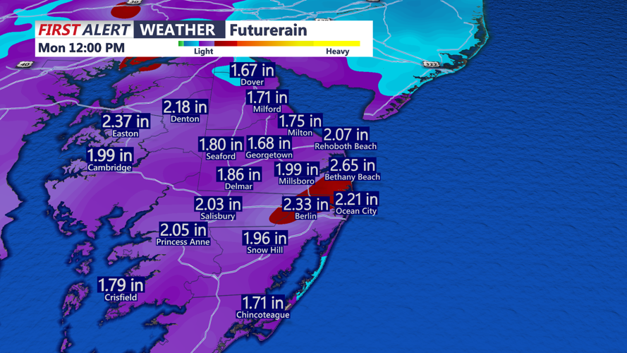 Image shows forecast rainfall totals on Delmarva.