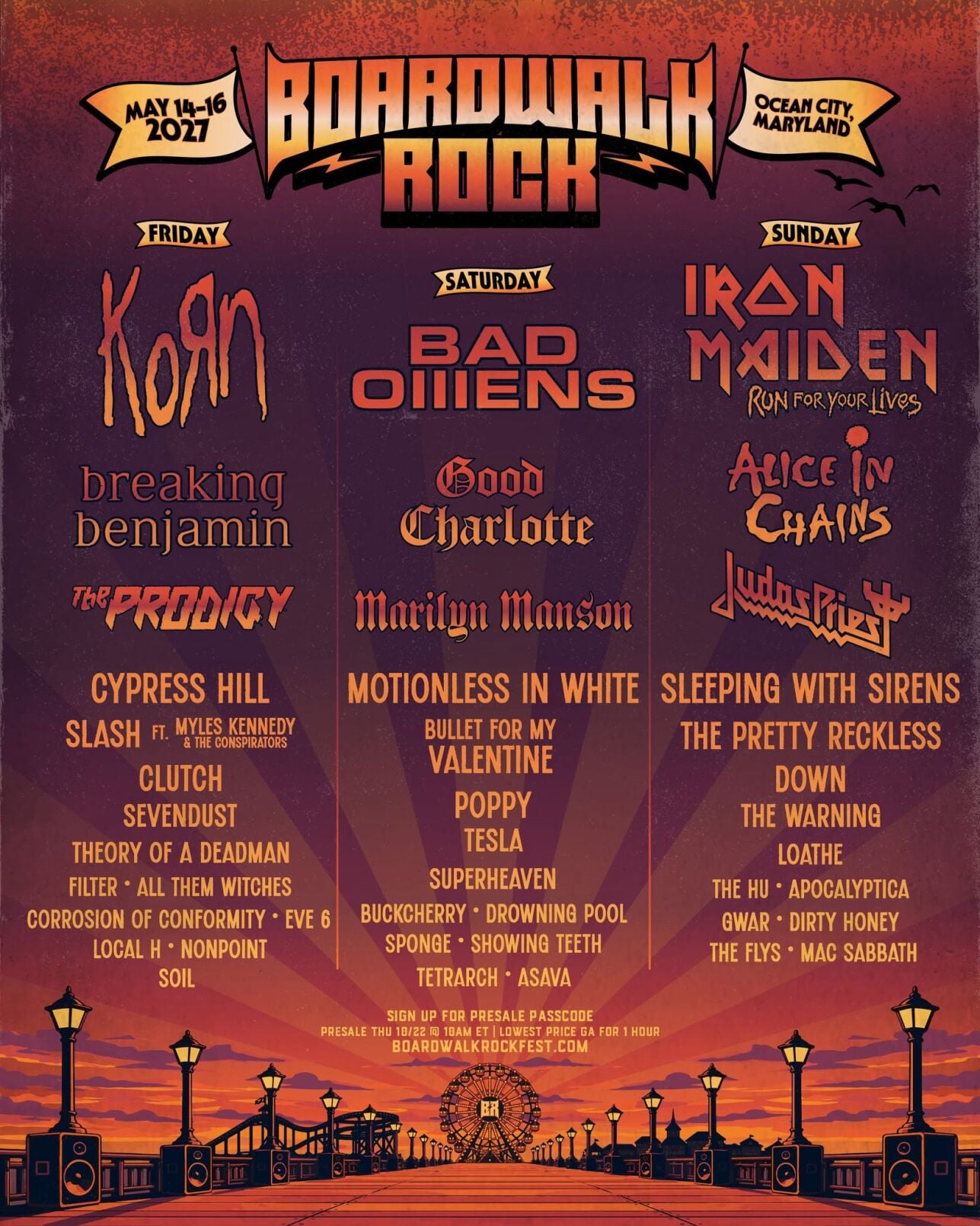Boardwalk Rock announces full 2027 lineup featuring Iron Maiden, Korn and Bad Omens