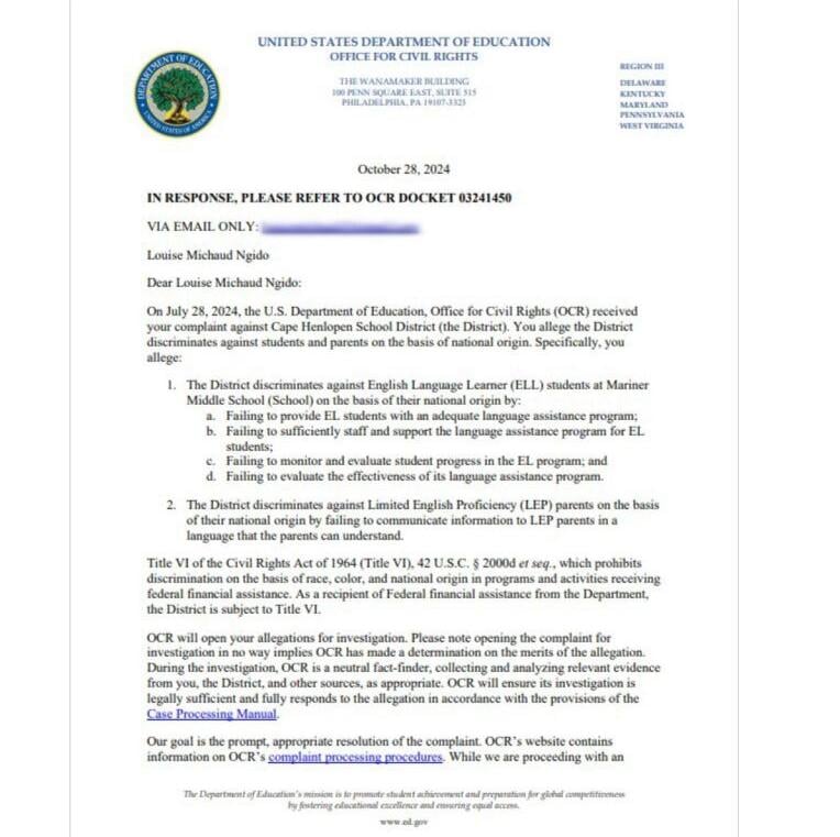 United States Department of Education Civil Rights Compliant