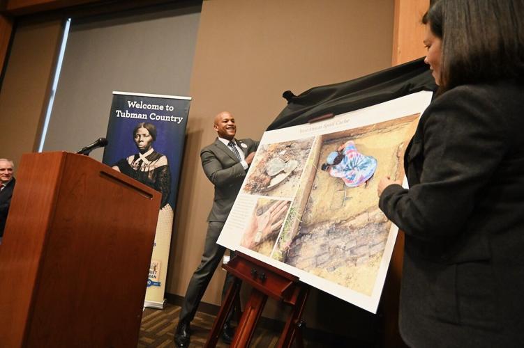 Gov. Wes Moore joined local, state, and federal partners in Dorchester County to announce the discovery of a home where enslaved people lived on the Thompson Farm. Courtesy Office of Wes Moore.