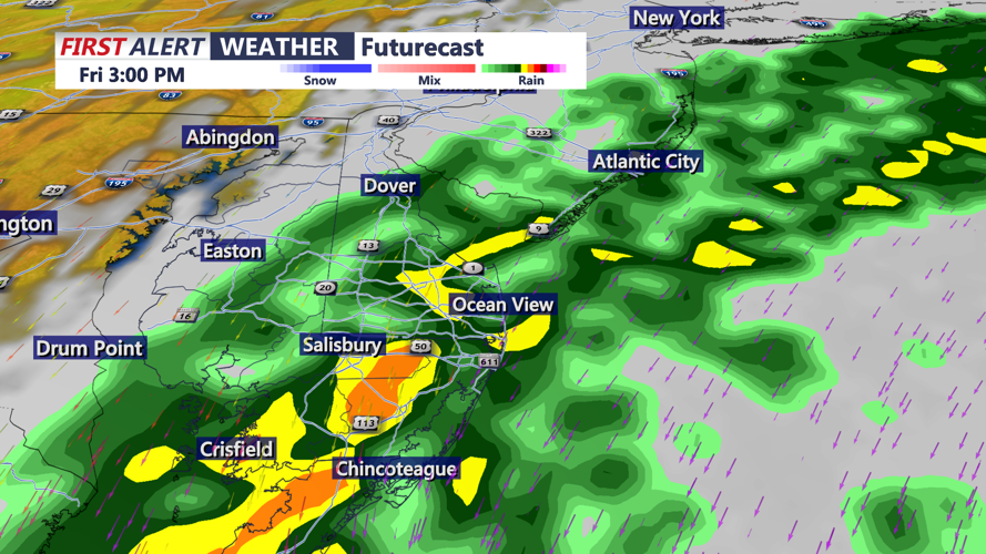 Image shows the chance of rain into Friday night.