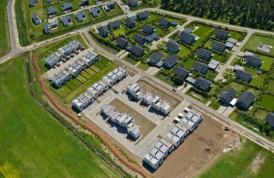 An aerial view of a housing development.