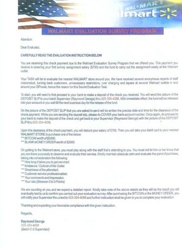 A flyer sent to a Millsboro woman attempting to scam her by having her be a Walmart secret shopper