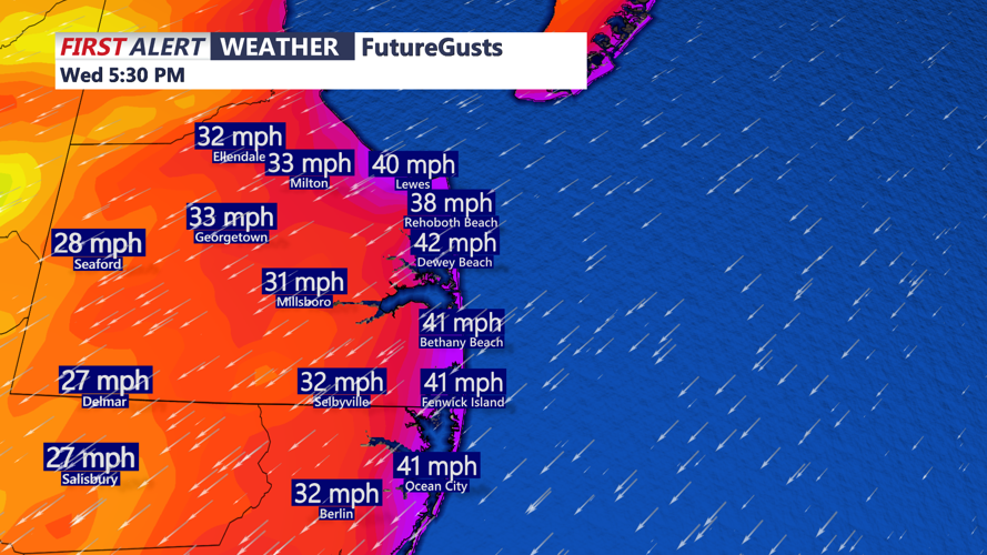 Image shows the projected wind gusts today.
