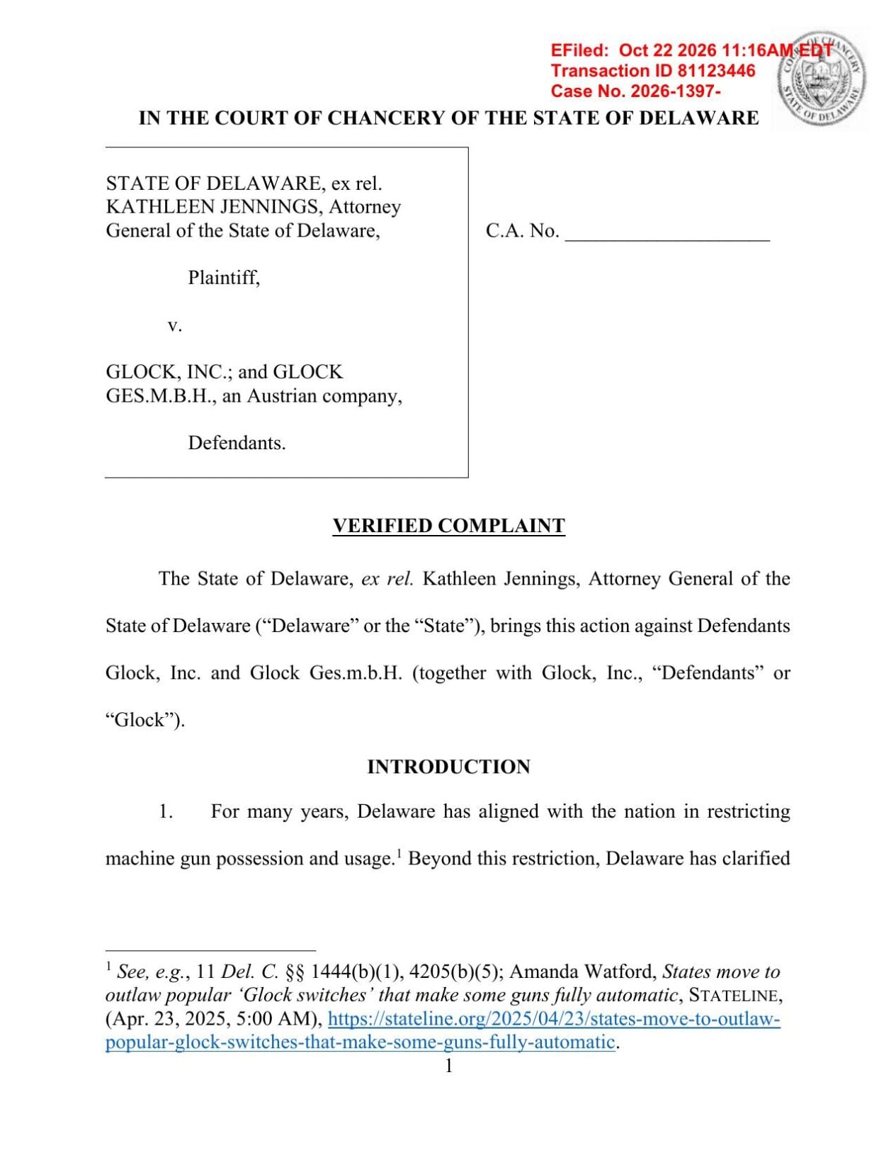 Delaware V. Glock Inc