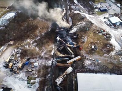An image after the Norfolk Southern derailment of a train carrying toxic chemicals in East Palestine, Ohio.
