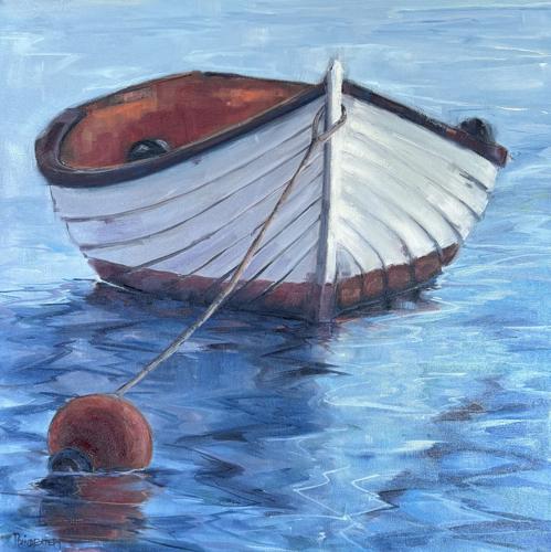 A painting of a white and red boat floating in vibrant blue water.