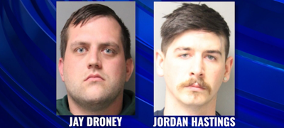 A mugshot of Jay Droney is beside a mugshot of Jordan Hastings on a blue background.