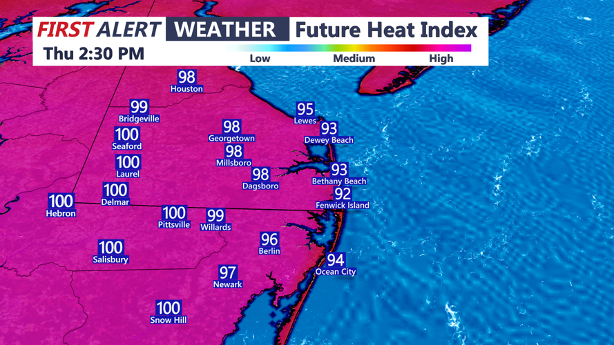 Forecasted Heat Index for Delmarva for Thursday afternoon by 230pm,.