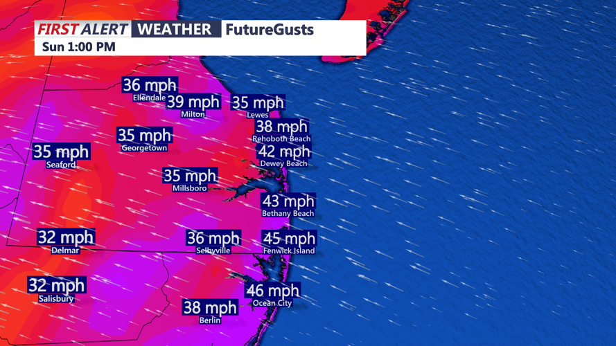 Image shows projected wind gusts Sunday afternoon.