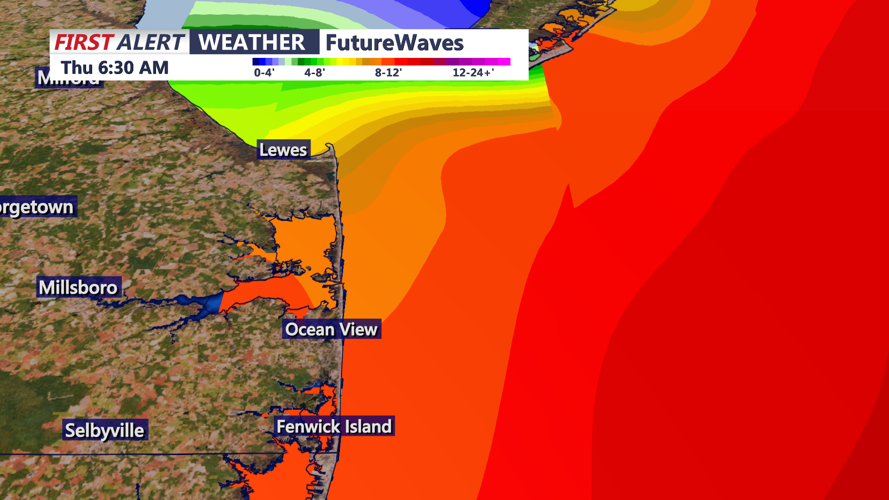 A wave of red on a map of the coast shows waves reaching 8-12' Thursday around 6:30 a.m.