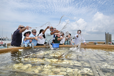 Ten people pouring water into an oyster tank with smiles on their faces