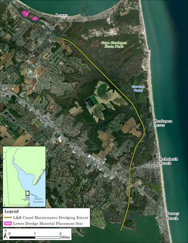 A satellite map of Lewes down to Dewey Beach.