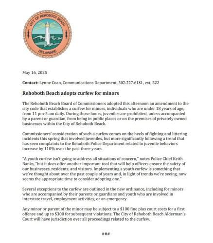 Rehoboth Beach youth curfew statement