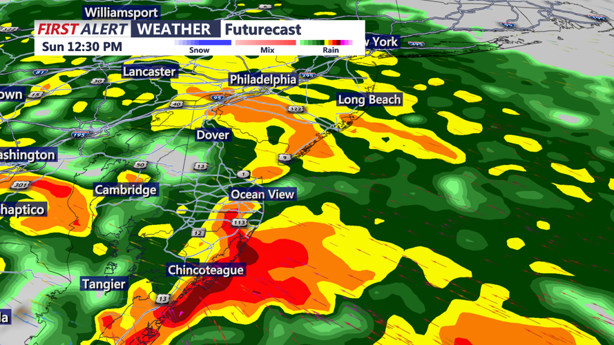 Image shows heavy rain pushing through Delmarva Sunday.