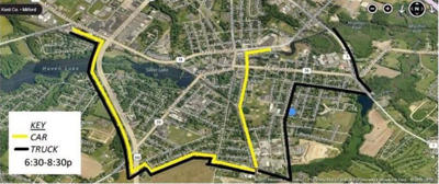 A map showing a traffic detour route in Milford Delaware. 