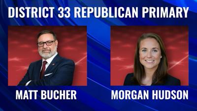 A picture of GOP House District 33 candidate Matt Bucher on the left and candidate Morgan Hudson on the right.