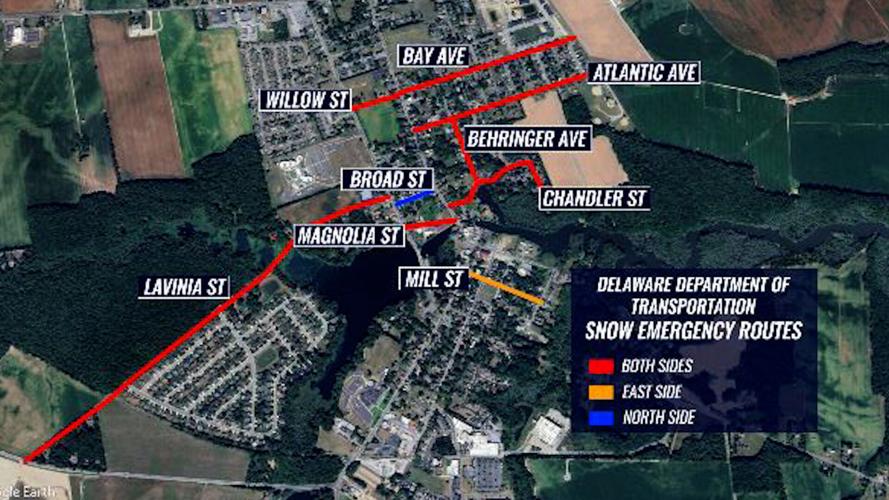 Map showing the emergency snow routes in Milton