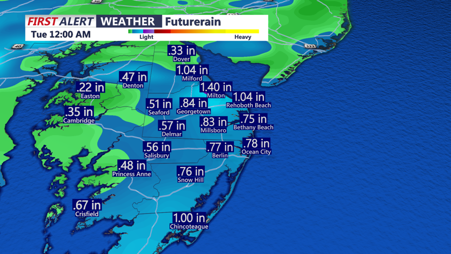 Image shows projected rainfall totals Sunday - Monday night.