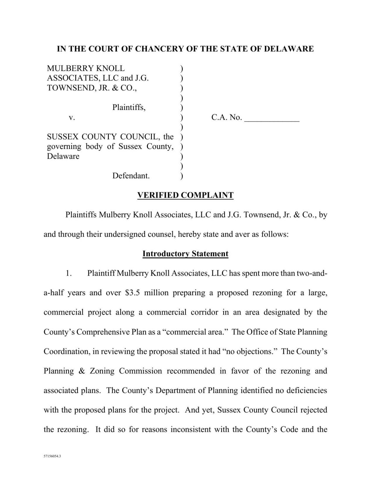 Lawsuit: CMP Mulberry Knoll Associates v. Sussex County Council