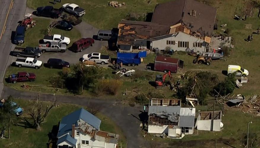 Some helicopter shots over Greenwood and Bridgeville earlier today show a clear path from the tornado demolishing some buildings without touching others nearby.