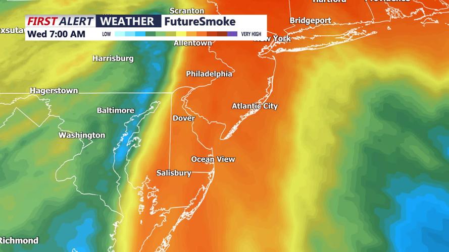 A graphic from Chief Meteorologist Paul Williams showing smoke over Delmarva on Wednesday at 7 a.m.