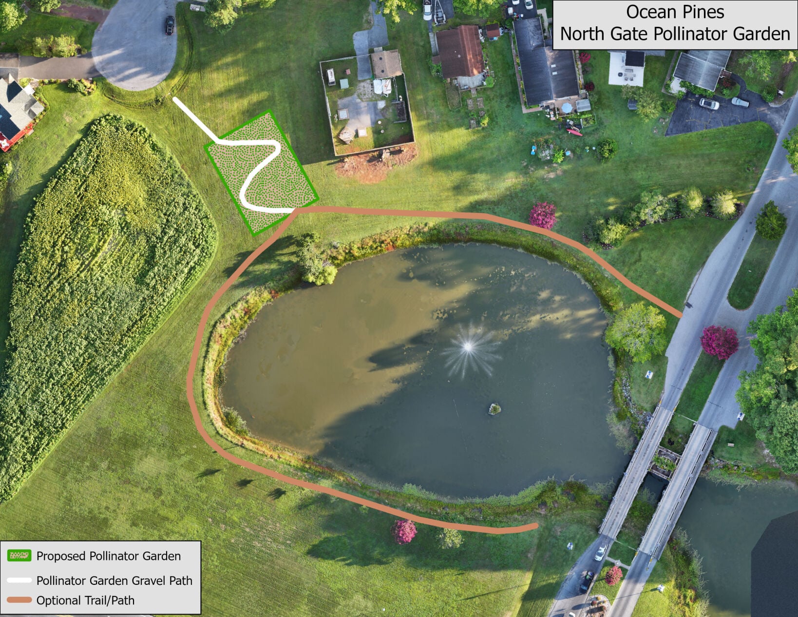 An aerial view of the North Gate Pond in Ocean Pines. The proposed pollinator garden is shown on the upper-left side of the pond.