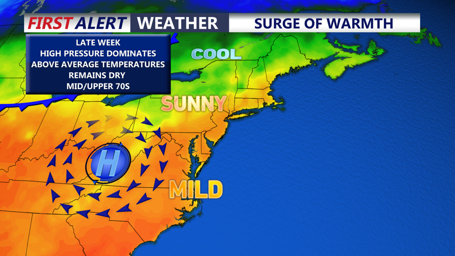 Image shows the weather pattern through late week.
