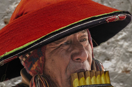 A man plays pan pipes while wearing a large red hat.