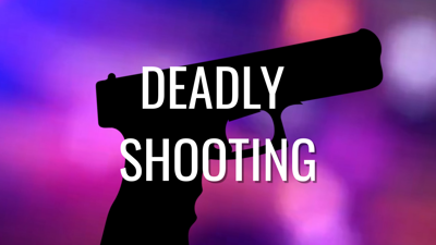 The silhouette of a gun over police lights with the text "Deadly shooting".
