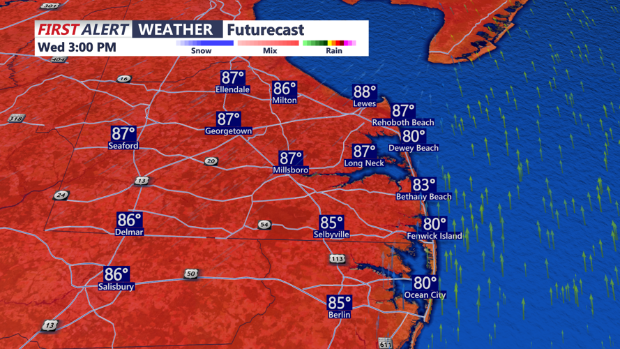 FUTURECAST OF TEMPERATURES, WINDS AND SKY CONDITIONS FOR SUSSEX COUNTY.