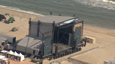 An aerial view of the main stage for the festival being set up.