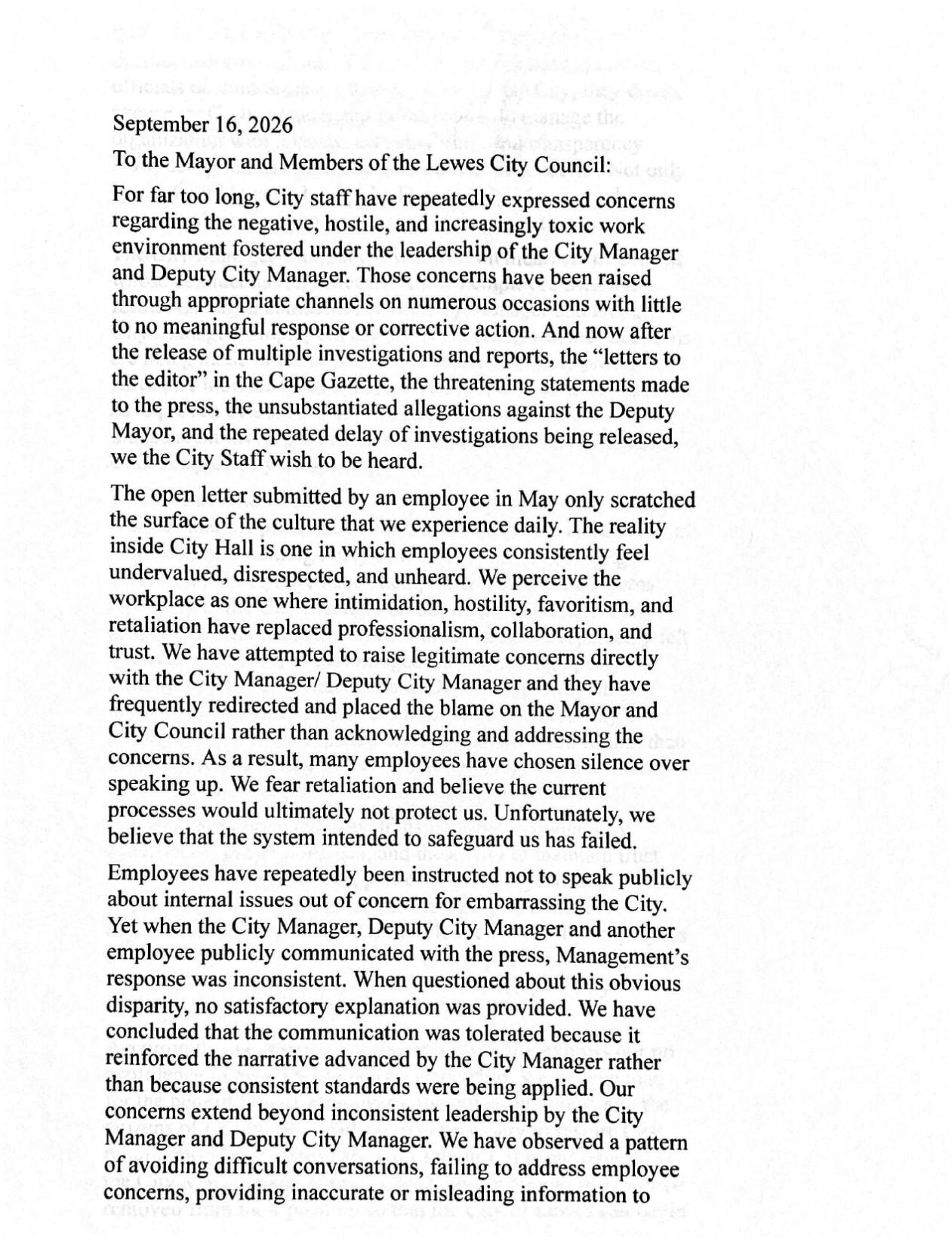 LEWES CITY STAFF LETTER