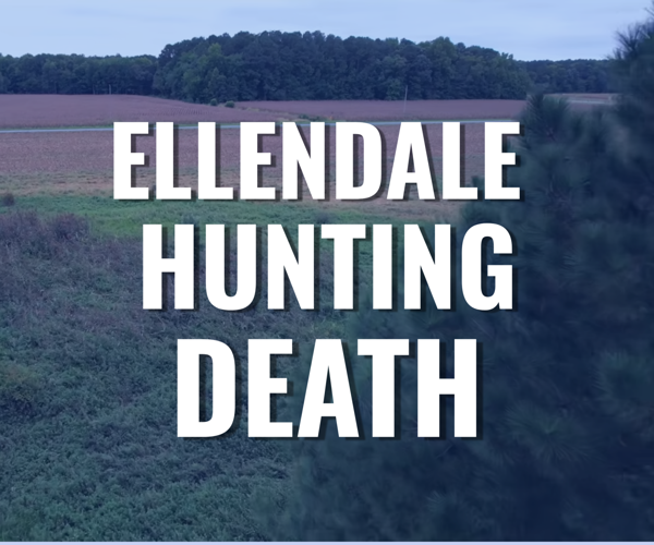 A drone shot of the field where the shooting occurred with the text "Ellendale hunting death".