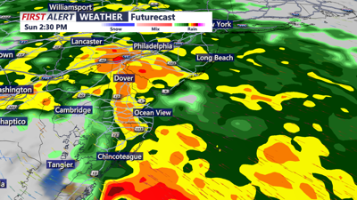 Image shows heavy rain pushing through Sunday.