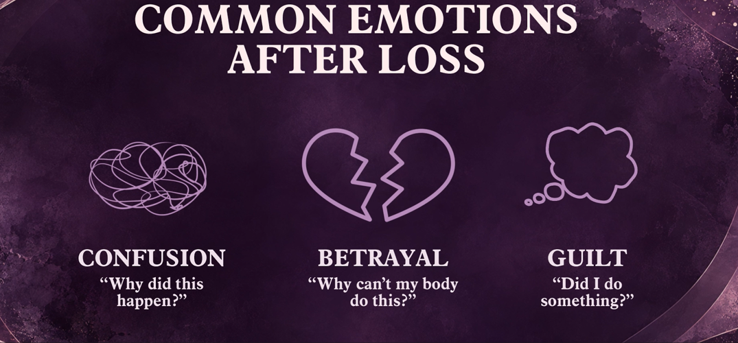 A purple graphic listing the common emotions after pregnancy loss.