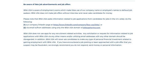 A warning posted to IBSA Pharma's website after being notified that its company name and employee's names were being used in employment scams